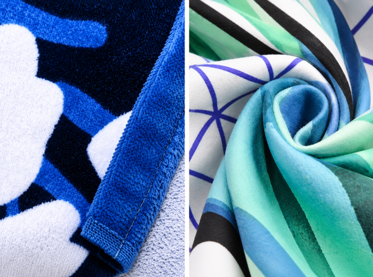 Close-up comparison of blue terry towel and teal patterned microfiber towel textures