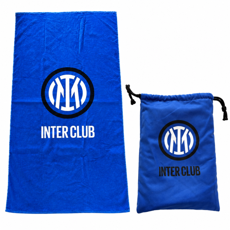 Blue logo-printed beach towel and matching blue drawstring pouch on a white background