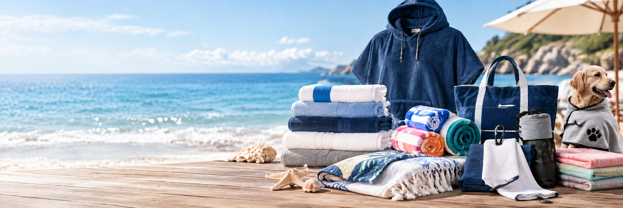 Custom towel assortment, changing poncho, tote bag and dog in a pet towel beside the sea