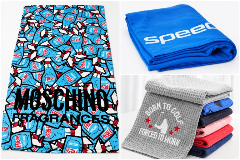 Towel printing examples with an all-over patterned towel, blue logo towel and stacked embroidered towels
