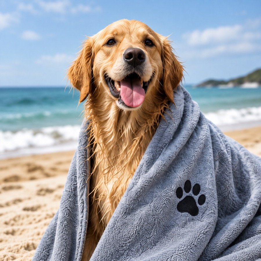 Golden retriever wrapped in a gray pet towel with a paw print at the beach