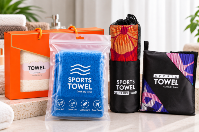 Towels presented in a gift box, resealable pouch and black mesh carry bags