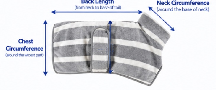 Striped pet bathrobe diagram showing back length, neck circumference and chest circumference measurement arrows