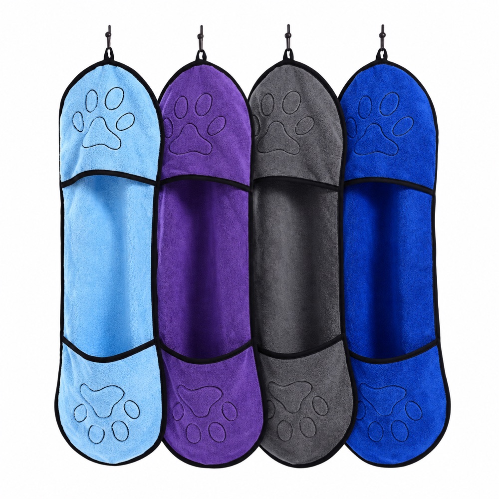 Blue purple and gray brushed microfiber pet towels with paw designs on white