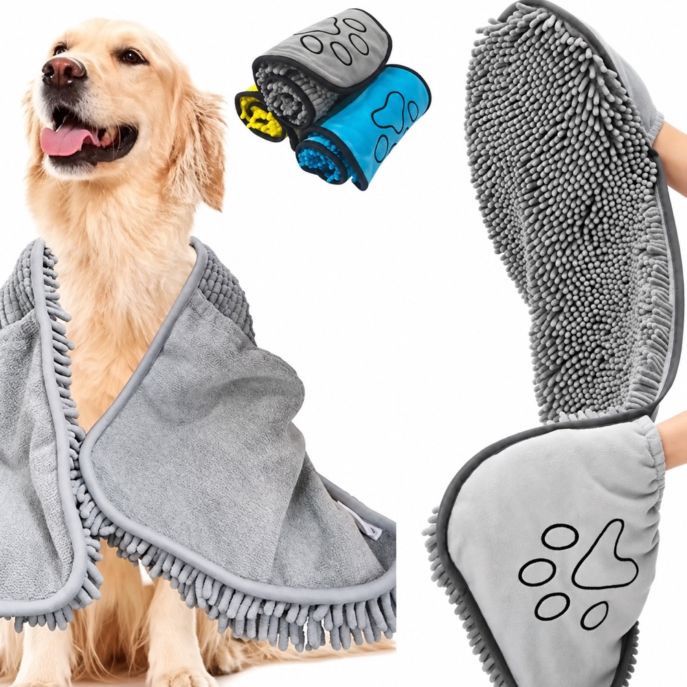 Chenille pet drying towels and mitts with a dog on white