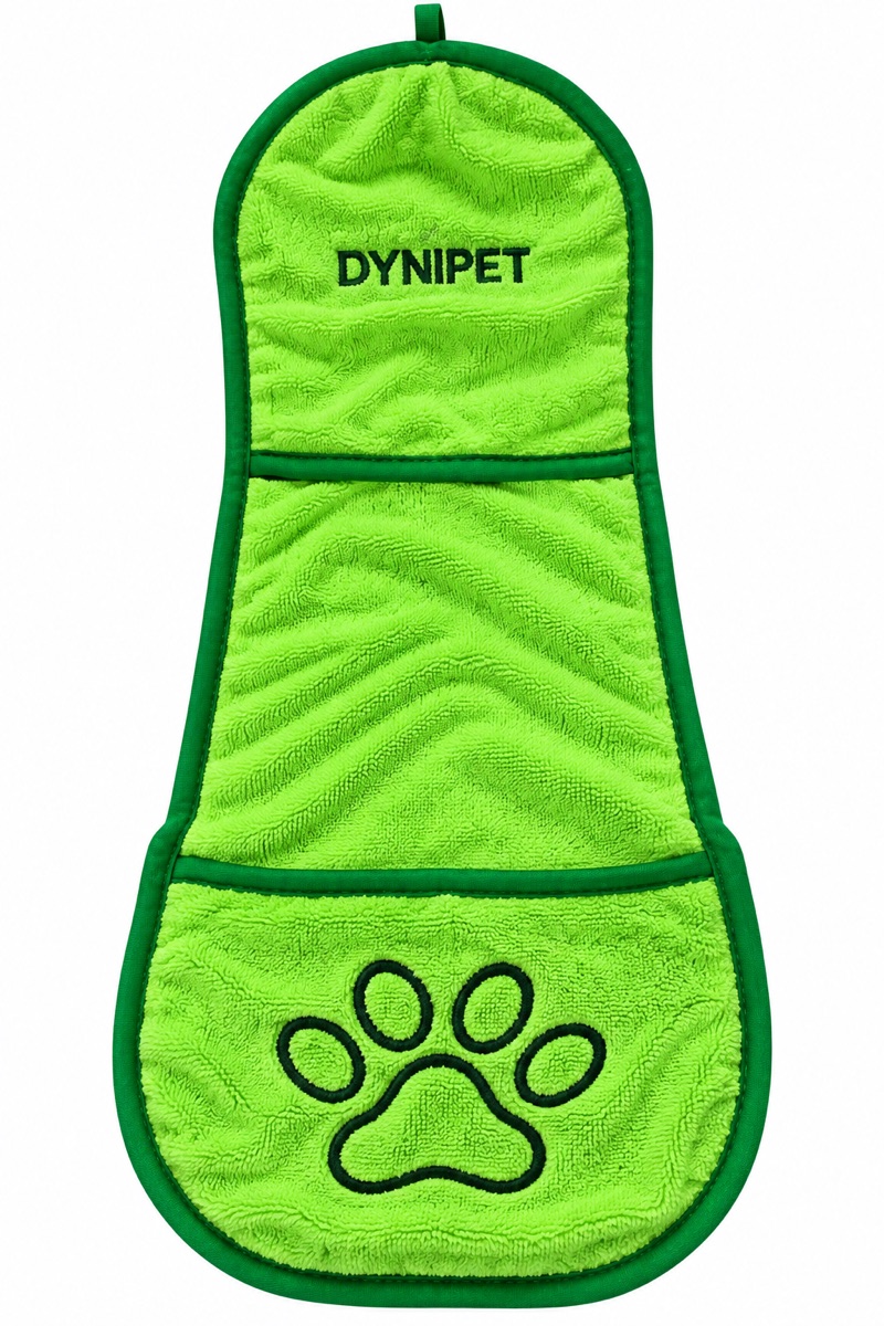 Green pet towel with embroidered name and paw design