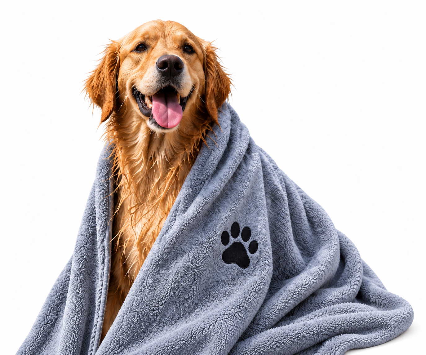 Golden retriever wrapped in a gray pet towel with its complete right-hand edge on a white background