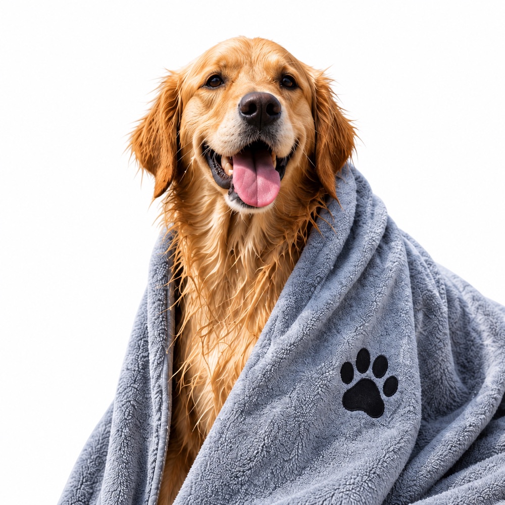 Golden retriever wrapped in a gray pet towel on a white background