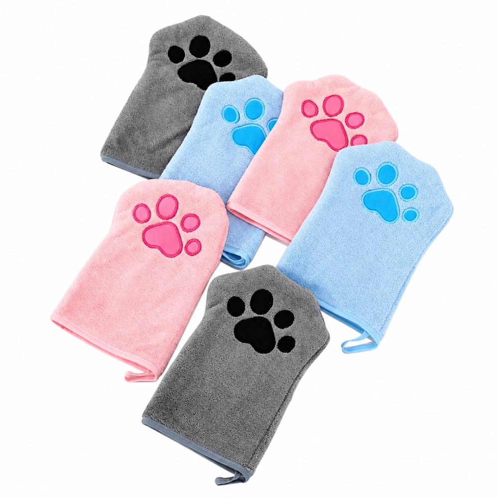Pink blue and gray pet drying mitts with paw designs on white