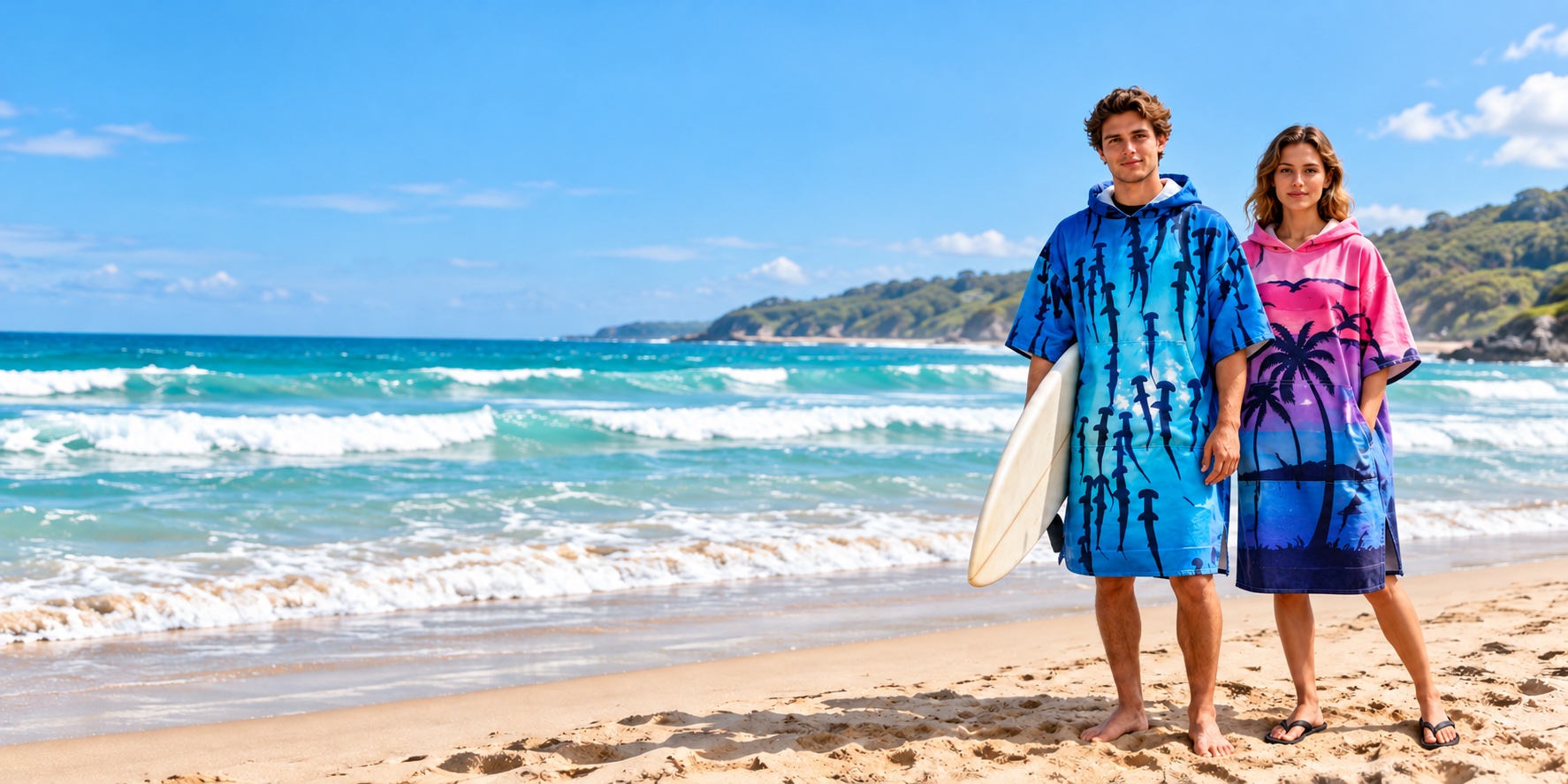 Man in a blue shark-print hooded towel poncho and woman in a pink palm-print poncho beside the sea