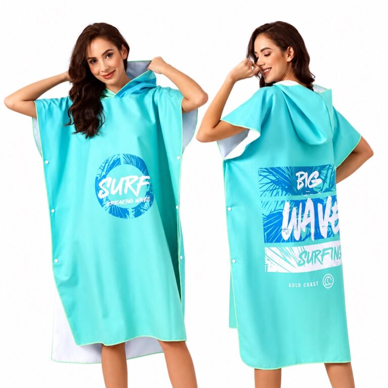 Front and back views of a turquoise sleeveless hooded towel poncho on a white background
