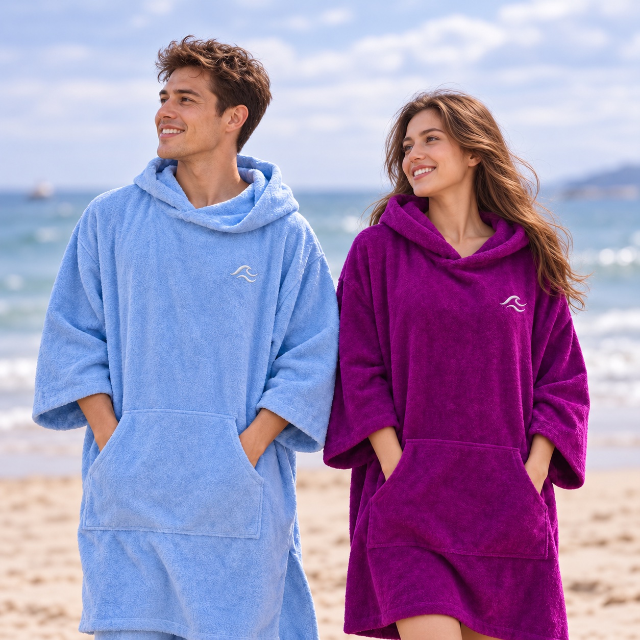 Young adult man and woman in blue and purple towel ponchos with embroidered wave logos, hands in front pockets, against a softly blurred beach