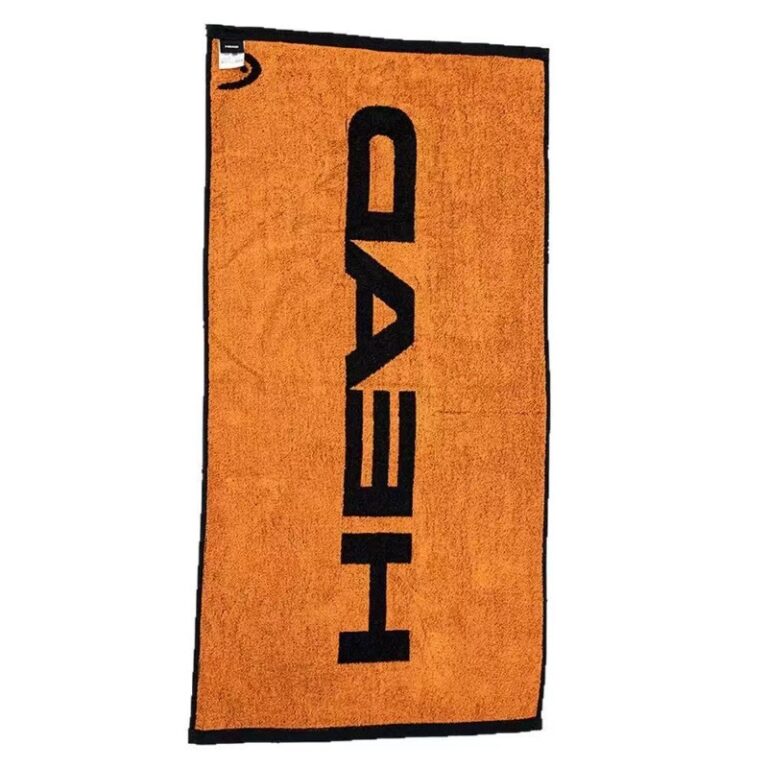 Orange sports towel with black woven lettering and a black border