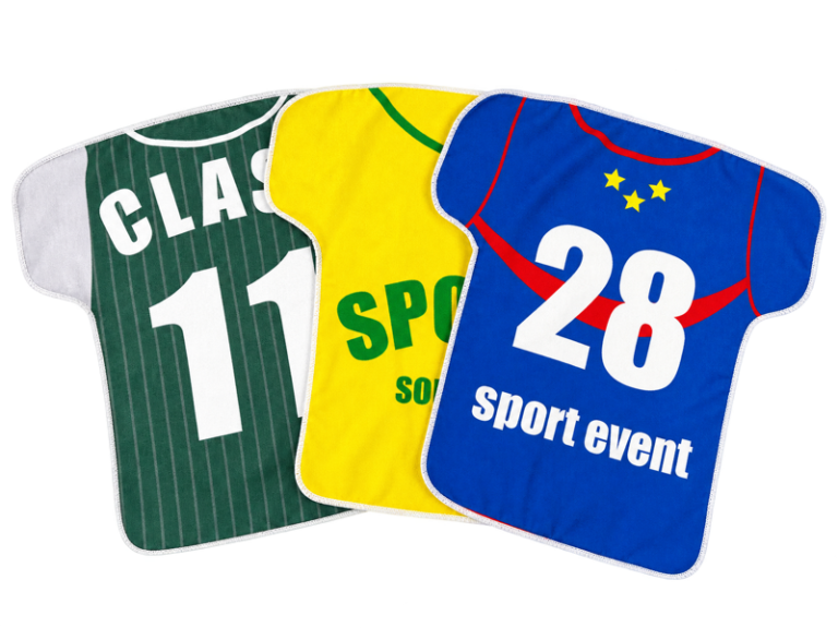 Green yellow and blue jersey-shaped sports towels with printed numbers and event lettering