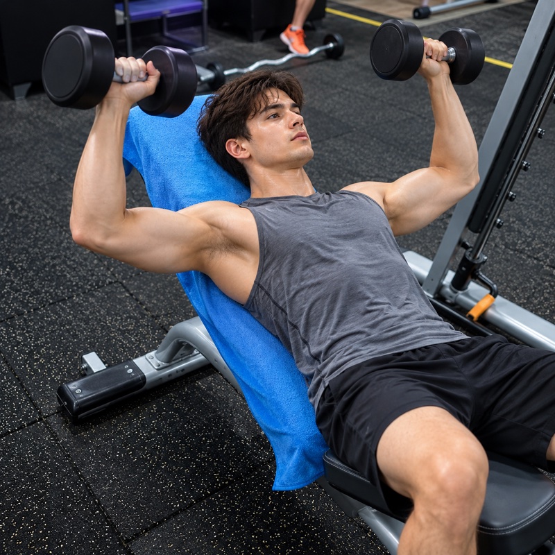 Man lifting dumbbells on a gym bench covered by a blue towel