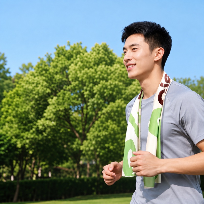 Runner wearing a green and white towel outdoors