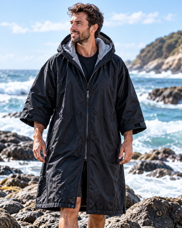 Illustrative adult black hooded changing robe on a rocky beach