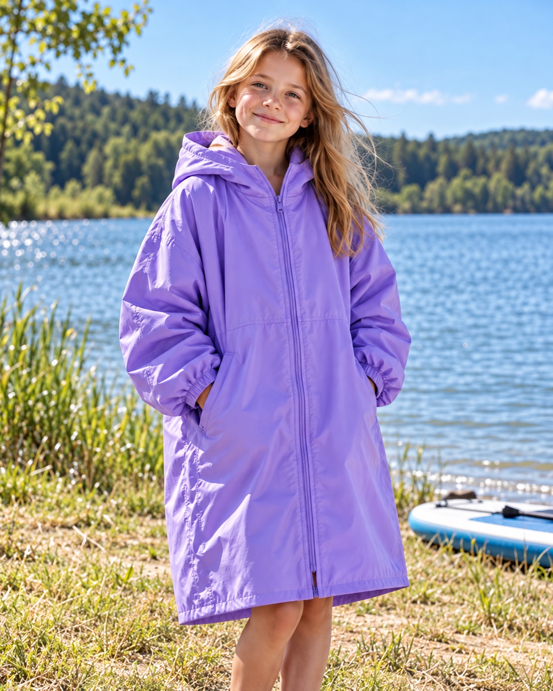 Illustrative kids dry robes in a tranquil freshwater lake shore, grassy dry bank with distant green woodland, subtle paddleboard on shore; the girl stands safely on dry land