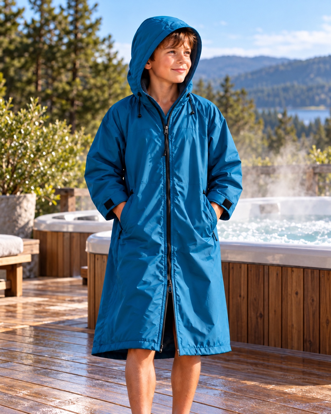 Illustrative long-sleeve dry robes in a natural outdoor hot-spa terrace with timber deck and a steaming hot tub behind, trees and hills; boy stands fully clothed on the dry deck outside the tub