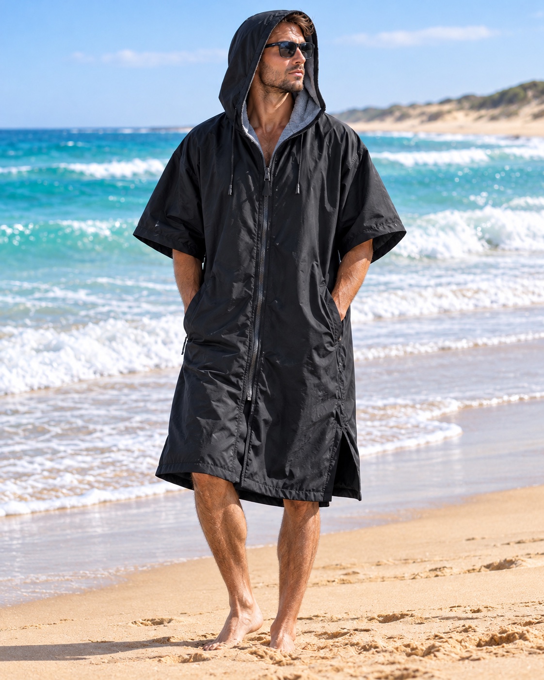 Illustrative short-sleeve dry robes in a wide golden sandy beach with gentle turquoise surf, a few distant dunes; no rocks