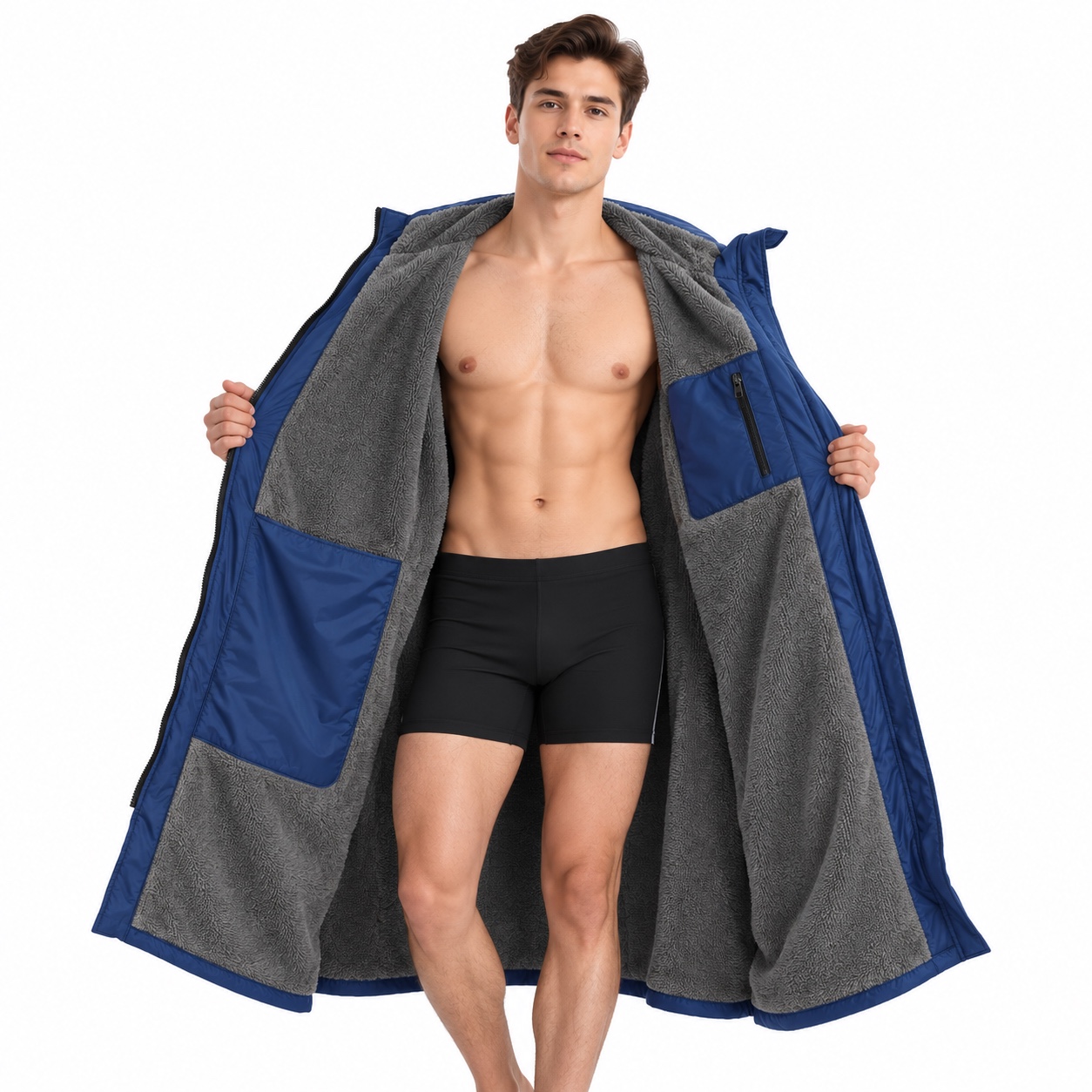 Adult model displaying gray microfiber lining inside a navy changing robe