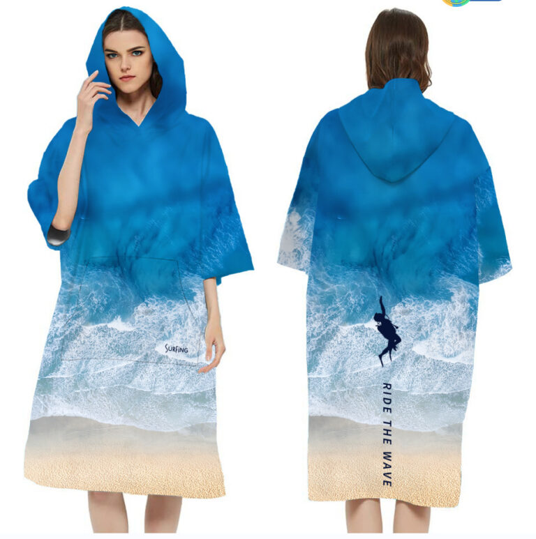 Blue printed hooded towel poncho shown from front and back