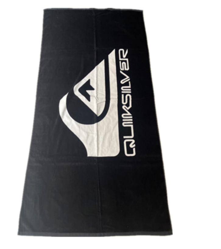 Black custom beach towel with a large white logo print