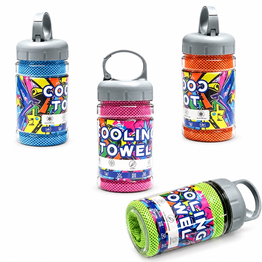 Cooling towels in hanging bottles on a white background