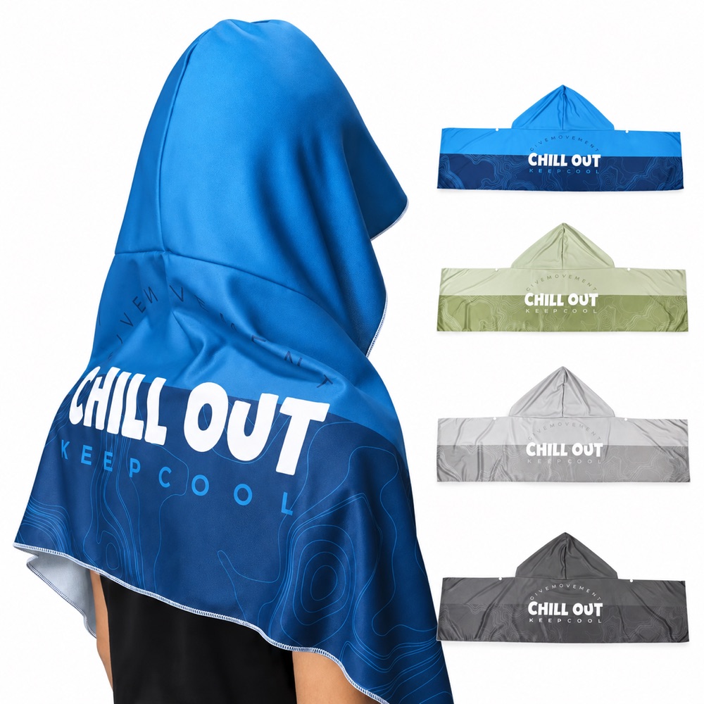 Digital printing on a hooded cooling cape: CHILL OUT and KEEP COOL artwork