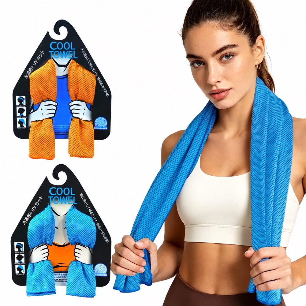 Printed header card packaging with cooling towels and model on a white background