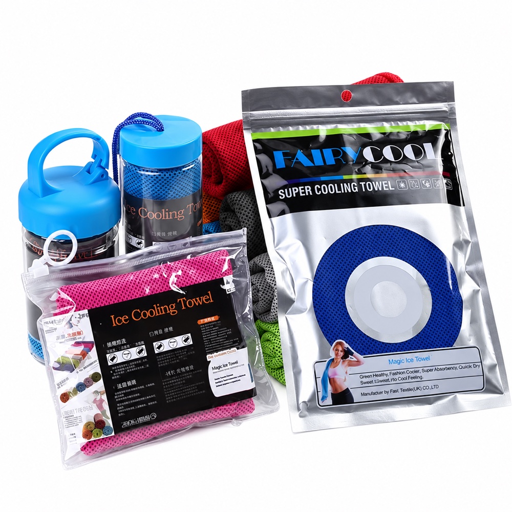 Cooling towel retail packaging sets on a white background