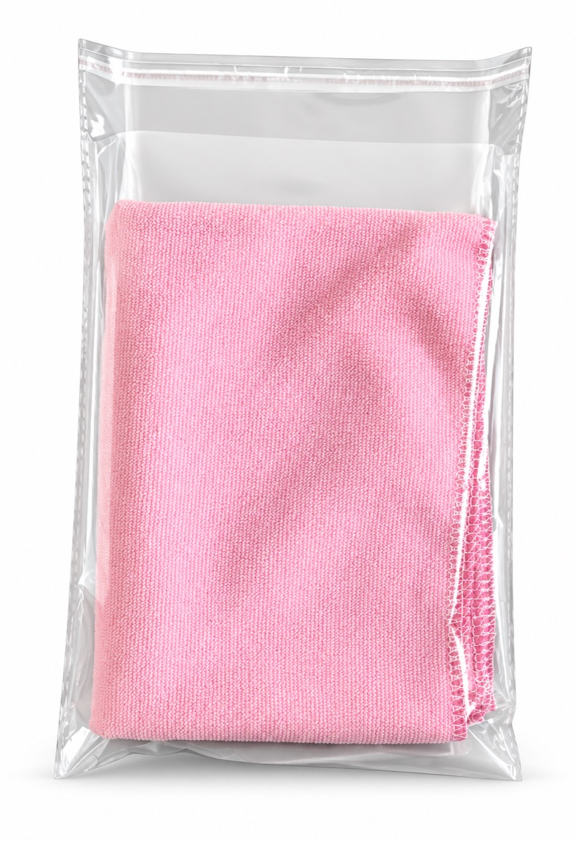 Pink microfiber towel in clear polybag packaging on a white background