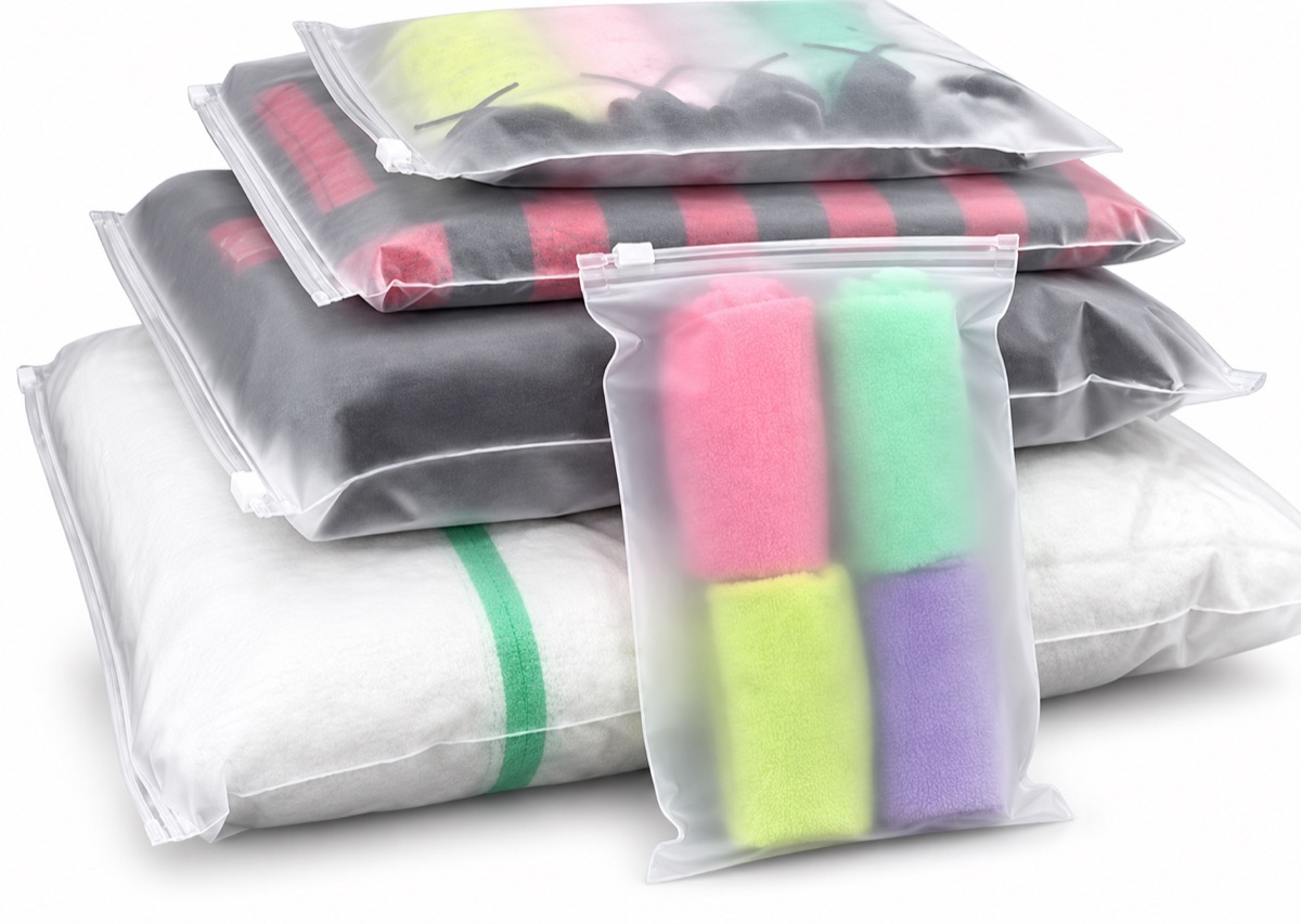 Folded towels in translucent PVC zip bags on a white background