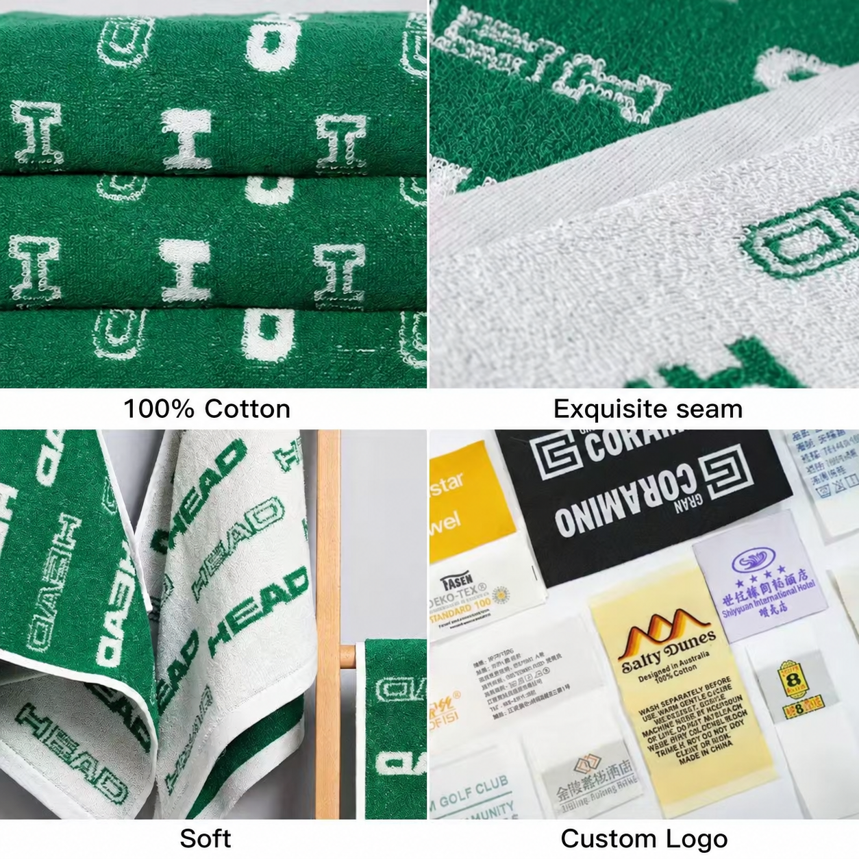 Cotton beach towel fabric, fine seam, soft texture and custom logo label examples