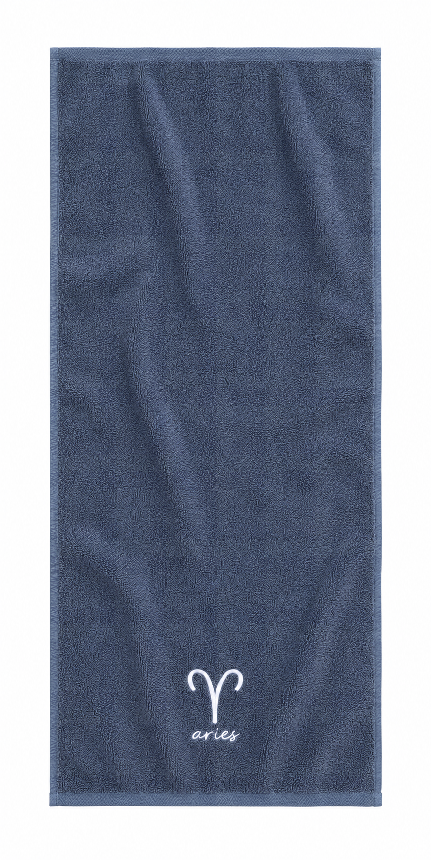 Single grey cotton terry towel with white Aries embroidery displayed vertically on white background