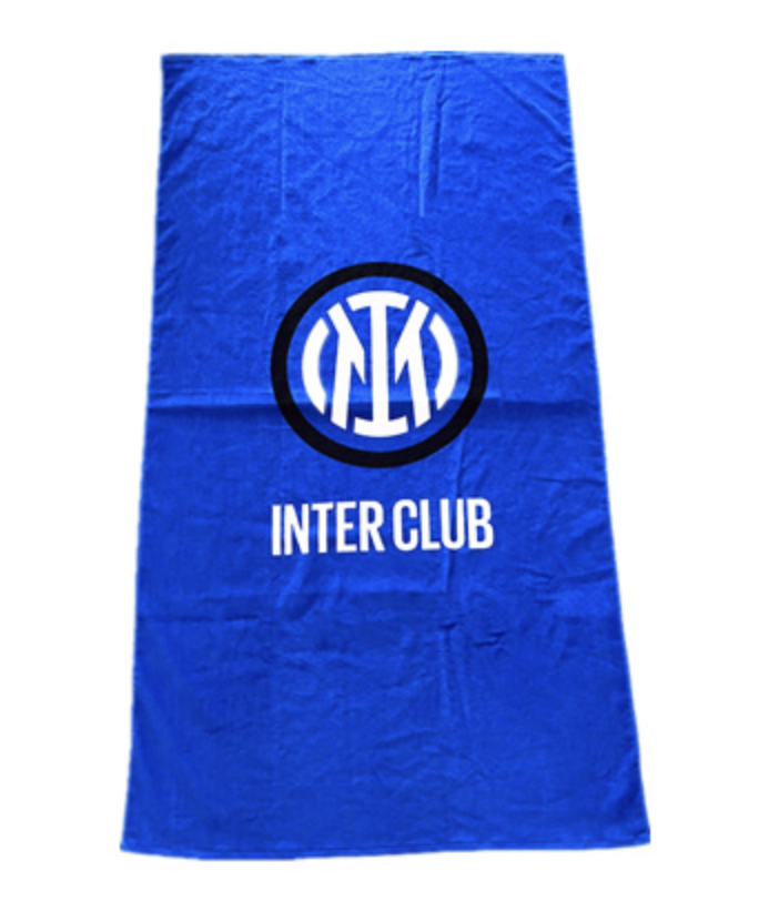 Royal blue cotton beach towel with an Inter Club logo for a branded event