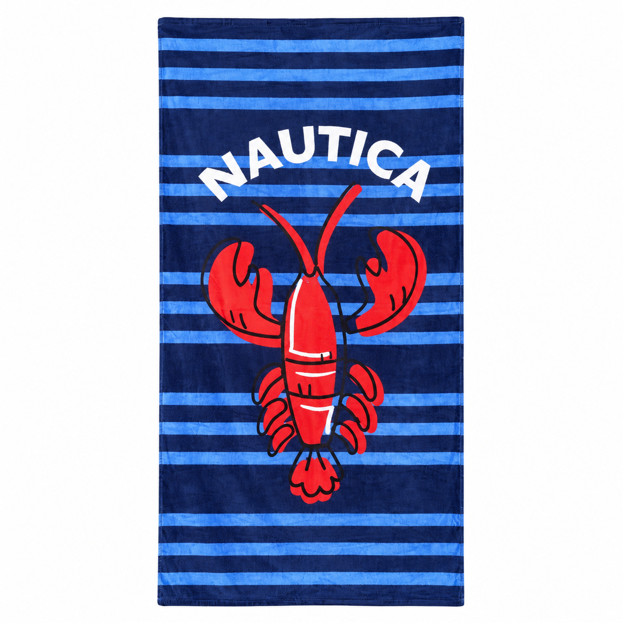 Navy and blue striped cotton beach towel with a red lobster print on white background