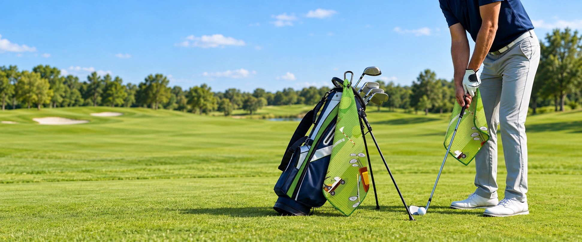 Golfer using a green custom printed golf towel with a matching towel on a golf bag at the course