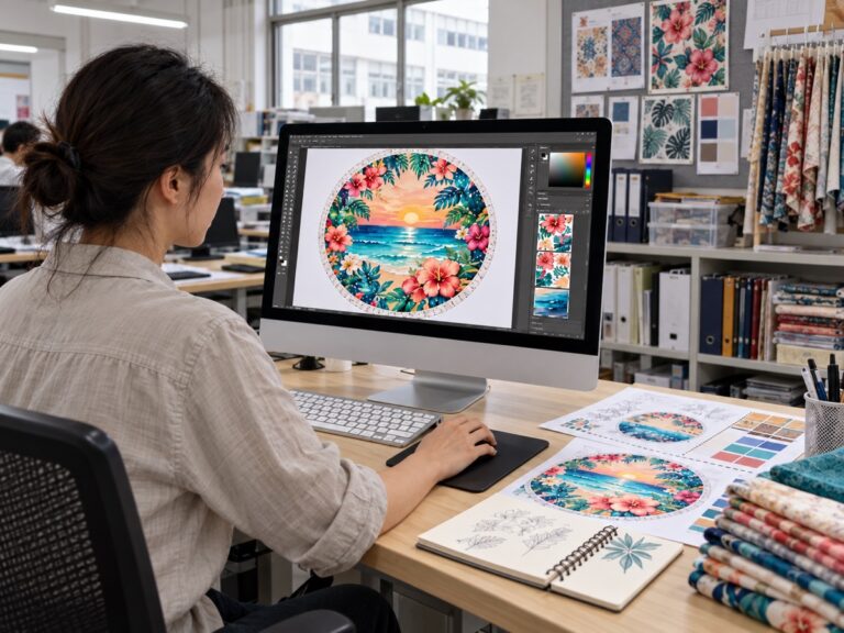 Textile designer working on beach towel artwork in a practical design office with printed sheets and fabric samples