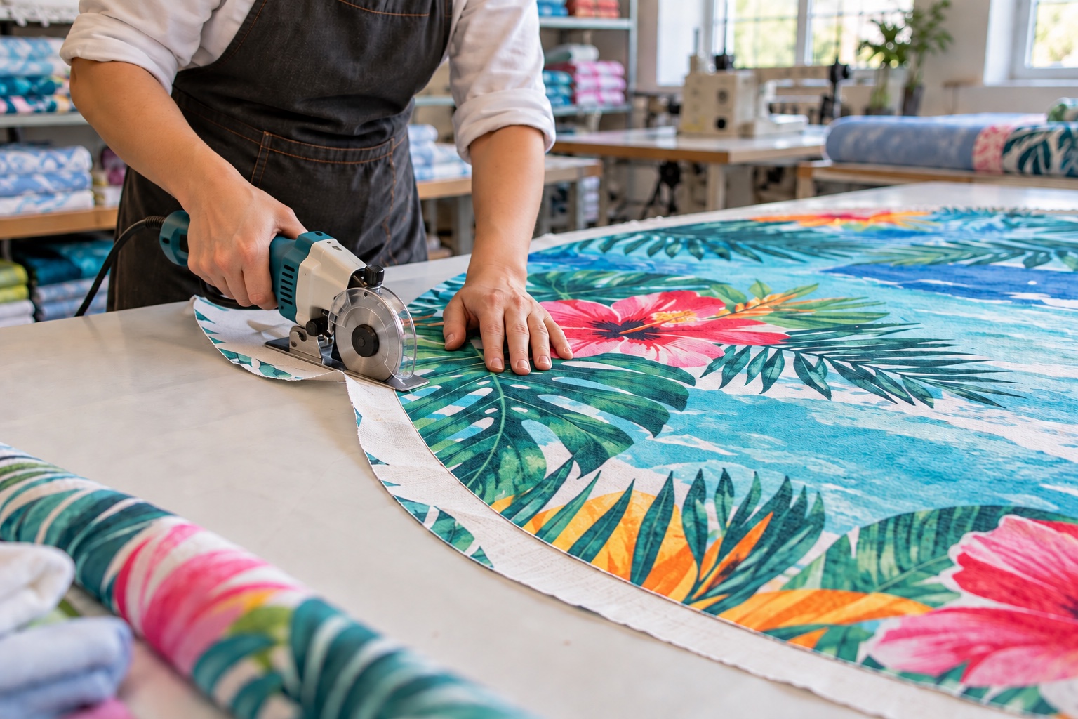 Worker using an electric fabric cutter on unhemmed round beach towel fabric