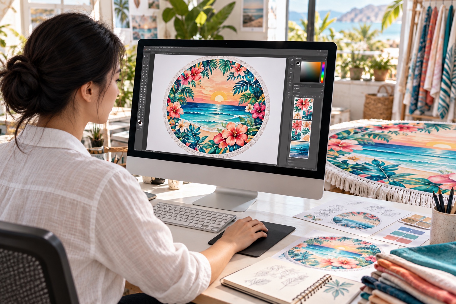Chinese designer editing round beach towel artwork on a computer