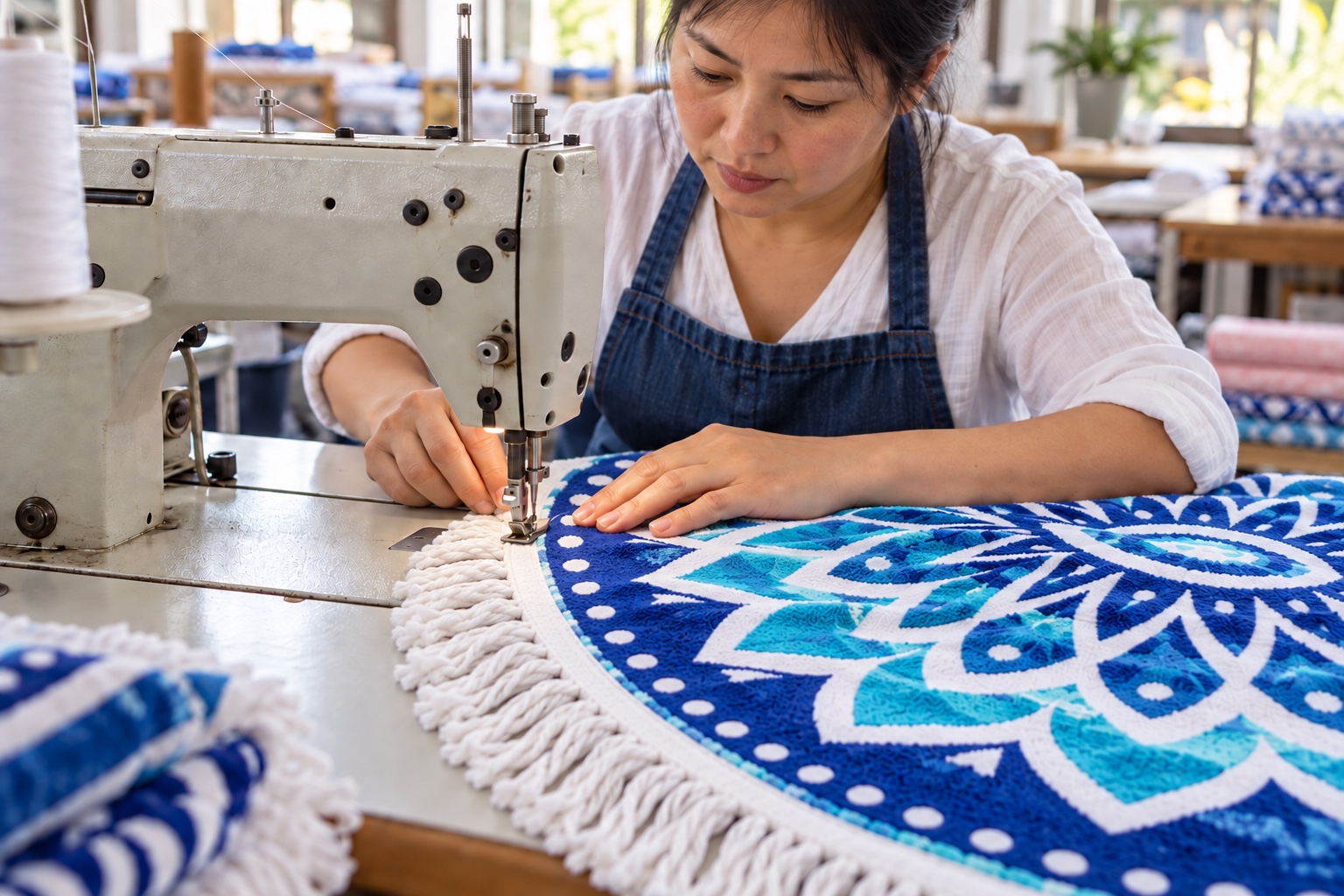 Chinese textile worker sewing fringe onto a printed round beach towel