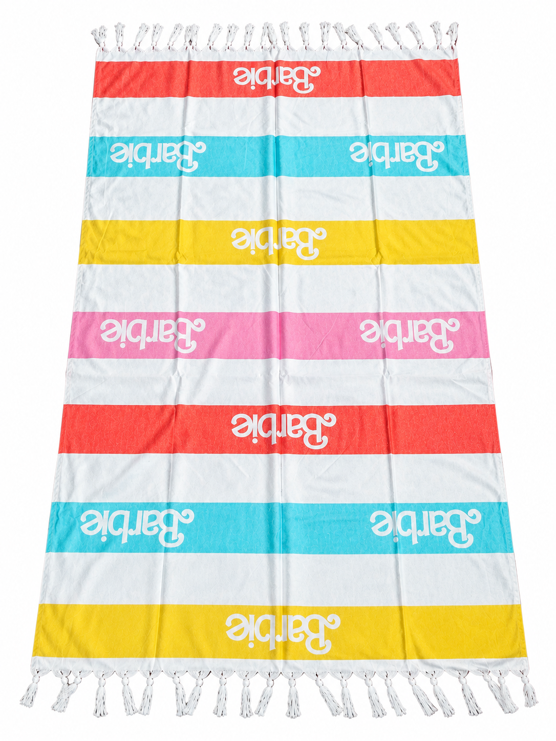 Custom Turkish beach towel with colorful stripes and repeated customer logos