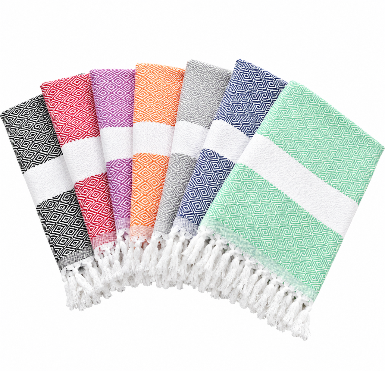 Colorful diamond-patterned jacquard Turkish towels with white fringe
