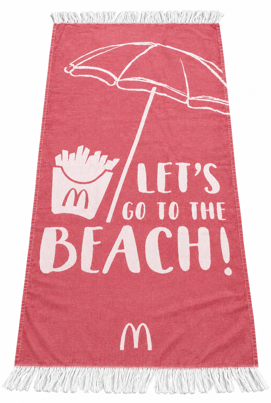 Pink custom Turkish beach towel with promotional beach artwork and fringe