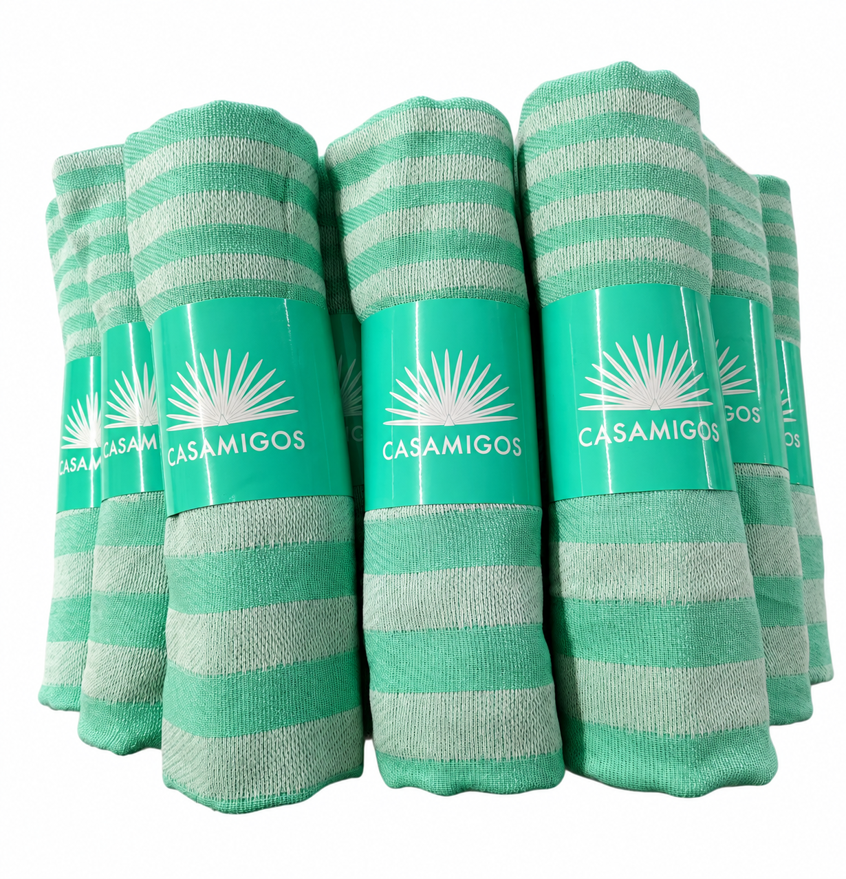 Mint striped Turkish towels packed with custom branded paper bands